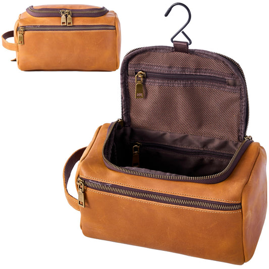 EURYNOME Leather Unisex Toiletry Bag Travel, Genuine Leather Shaving Dopp Kit -Mens Toiletry Bag With Hook -Makeup Cosmetic Organizer Kit - Men Travel Toiletries Bag Groomsmen Gift