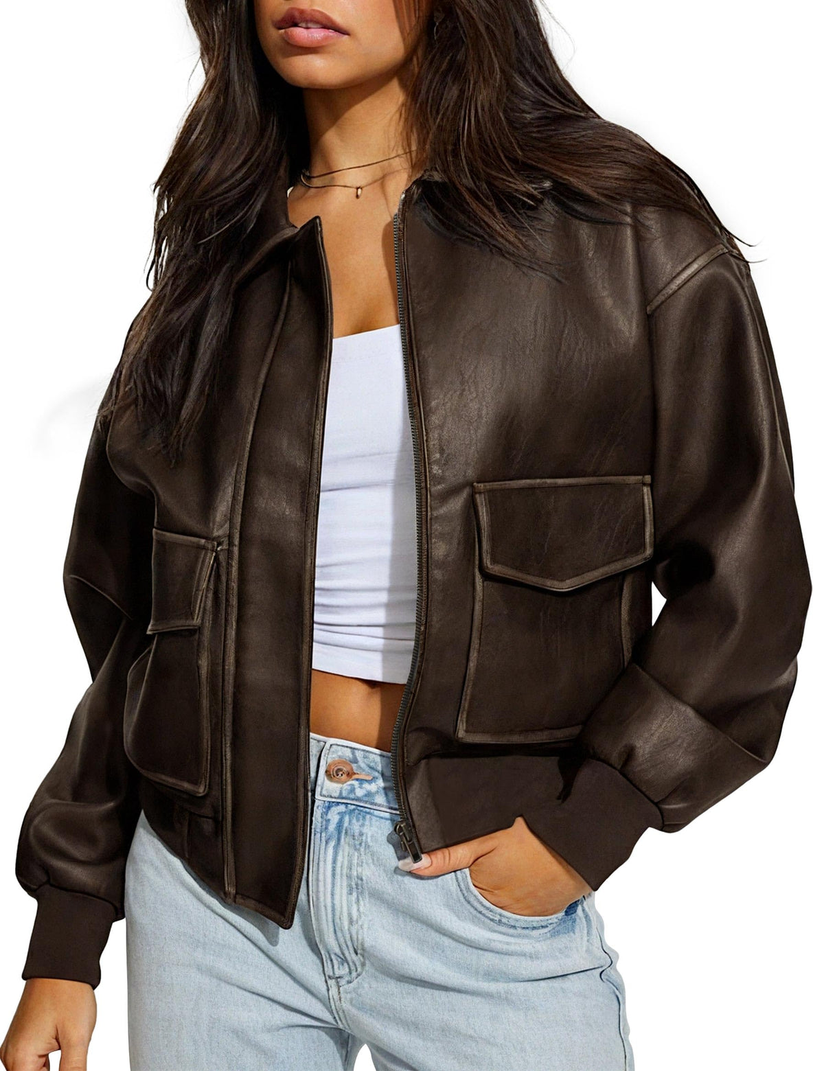 Nitzana Women's Faux Leather Jacket Trendy 2026 Oversized Zip Up Motorcycle Bomber Jacket Coats Fall Winter Outerwear Brown M