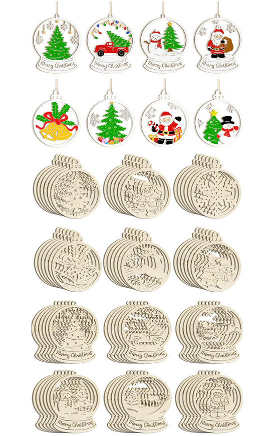 24PCS DIY Wooden Hollow Christmas Ornaments with 12 Colors Small Painting Pens for Christmas Tree, DIY Blank Unfinished Wood Santa Reindeer Claus Snowman Snowflake Angle Cutouts for Xmas Decor P1