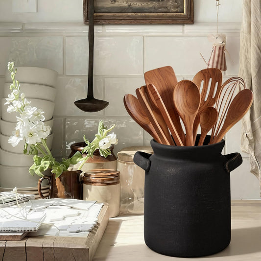 Qinyoung Rustic Kitchen Utensil Holder 6 Inch Small Ceramic Utensil Holder with Handle Vintage Crock Decoration Spatula Organizer for Kitchen Countertop Farmhouse Party Supplies(Black,Single Handle)