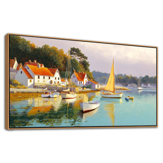 AJAZIKO Coastal Wall Art - Rustic Ocean & boat Canvas Art for Living Room & Bedroom Decor - Framed Landscape Artwork for Walls - Italian Farmhouse & Country Wall Decor Print Pictures24x48IN