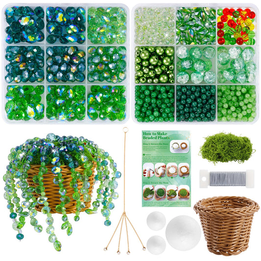Wurosi 853 PCS Green Beaded Plant Kit with Rattan Basket, Green Beads for Beaded Plants with Hanging Chain and Video Manual, Forever Plant Beaded Making Kit for Jewelry Making and DIY Crafts