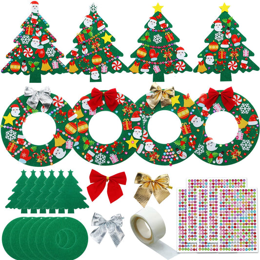 Tatuo 12 Pcs Felt Christmas Tree Wreath Decorating Craft Christmas DIY Ornaments Making Kit with 221 Self Adhesive Felt Stickers 12 Bows and 5 Gem Stickers (Wreath Style and Trees Style)