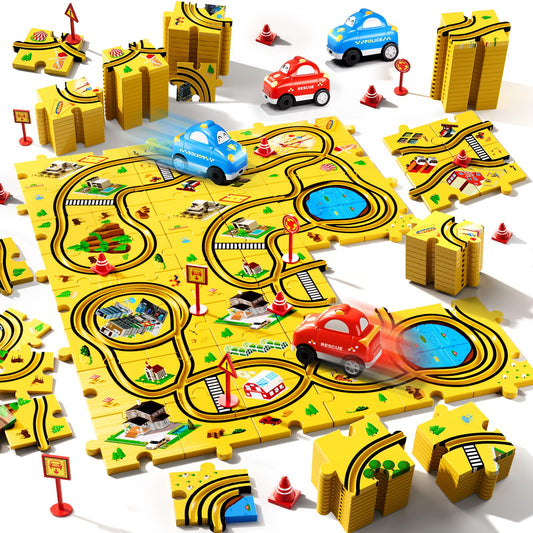 Beby Buty 48PCS Puzzle City Racer Car Track Set Toys for Kids, Toys Gifts for 3 4 5 Year Old Boys, Puzzle Racer Kids Car Track Set Ages 3-5 4-6, 3 4 5 Year Old Boys