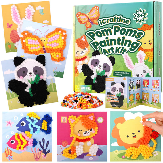 iCraftine Pom Poms Craft Kit for Building Fine Motor Skills & Hand-Eye Coordination, 6 Patterns Pompoms Arts & Crafts Sets for Kids Ages 5+