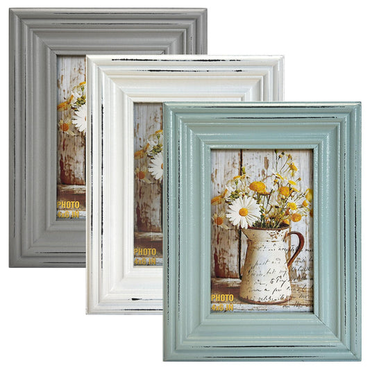 Vintage 4x6 Inches Wooden Picture Frame Pack of 3 Farmhouse Aqua Grey White - Rustic Thick Wood High Definition Glass Photo Frame Outside 6x8 Inches - 2 Ways Display Tabletop or Wall Mounted