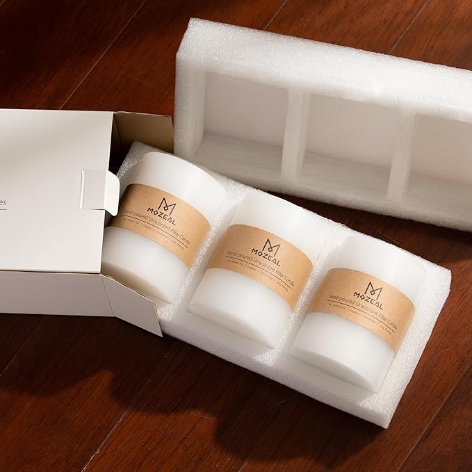 MOZEAL 3" x 6" Hand-Poured Unscented Candle,Dripless Pillar Candle Set of 3,Long Lasting Burning,Approx 120 Hours Burn Time,Rustic Country Style,for Wedding,Dinner,Christmas and Home Decor,White