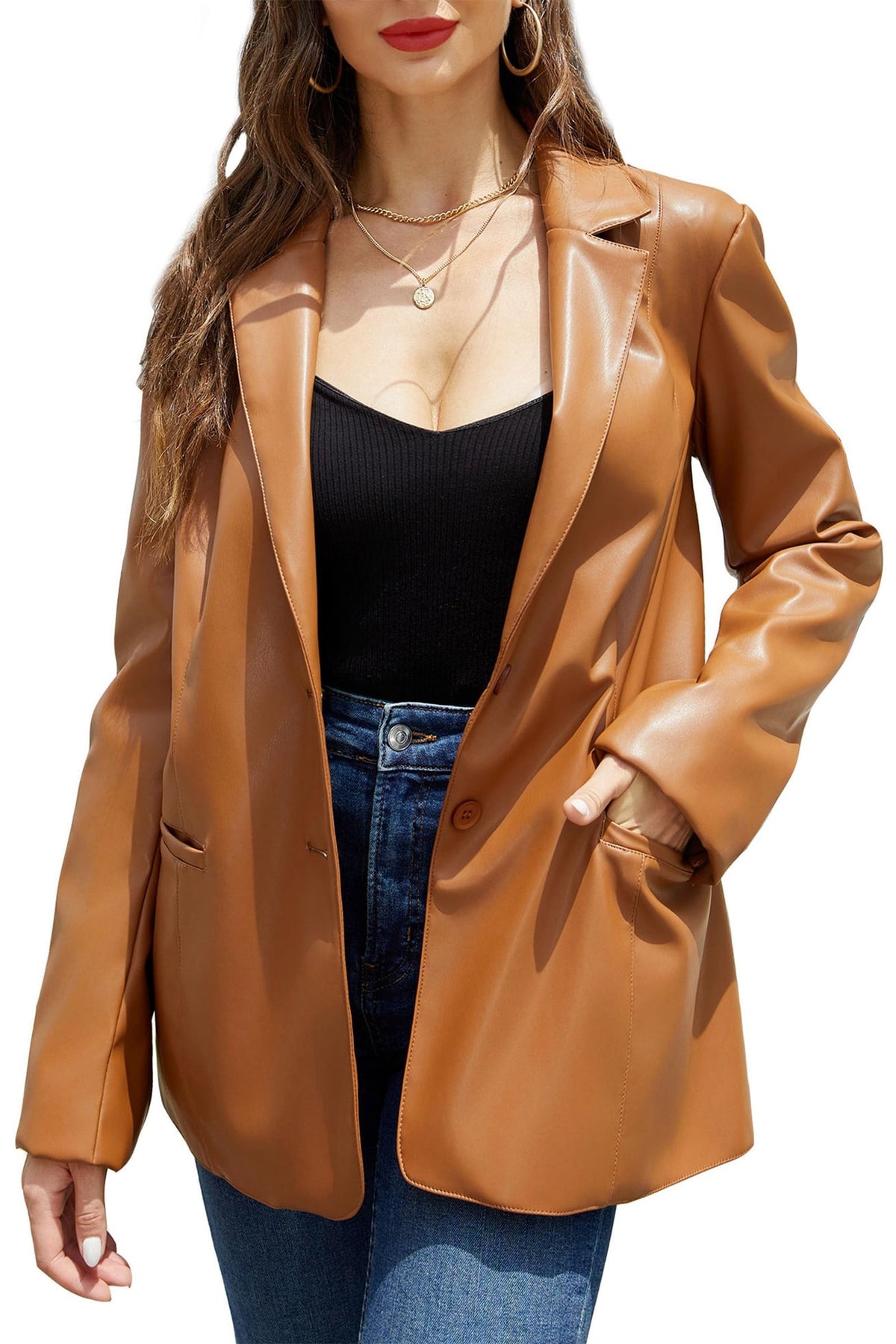 RISISSIDA Women Faux Leather Blazer Jacket,Soft PLeather PU Coat,Brown,L