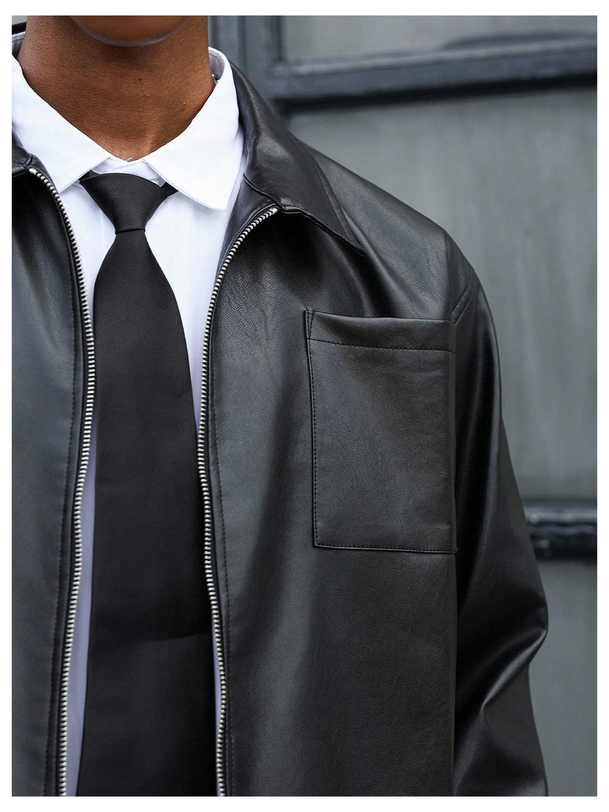 BEAUDRM Men's Faux Leather Jacket Long Sleeve Zip Up Collared Crop Biker Motorcycle Lightweight Coat Outerwear Solid Black Medium