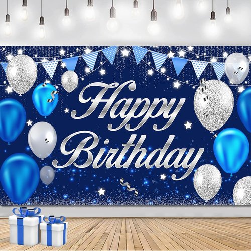 Happy Birthday Banner | Blue & Silver Party Decorations for Men, Women, Boys & Girls