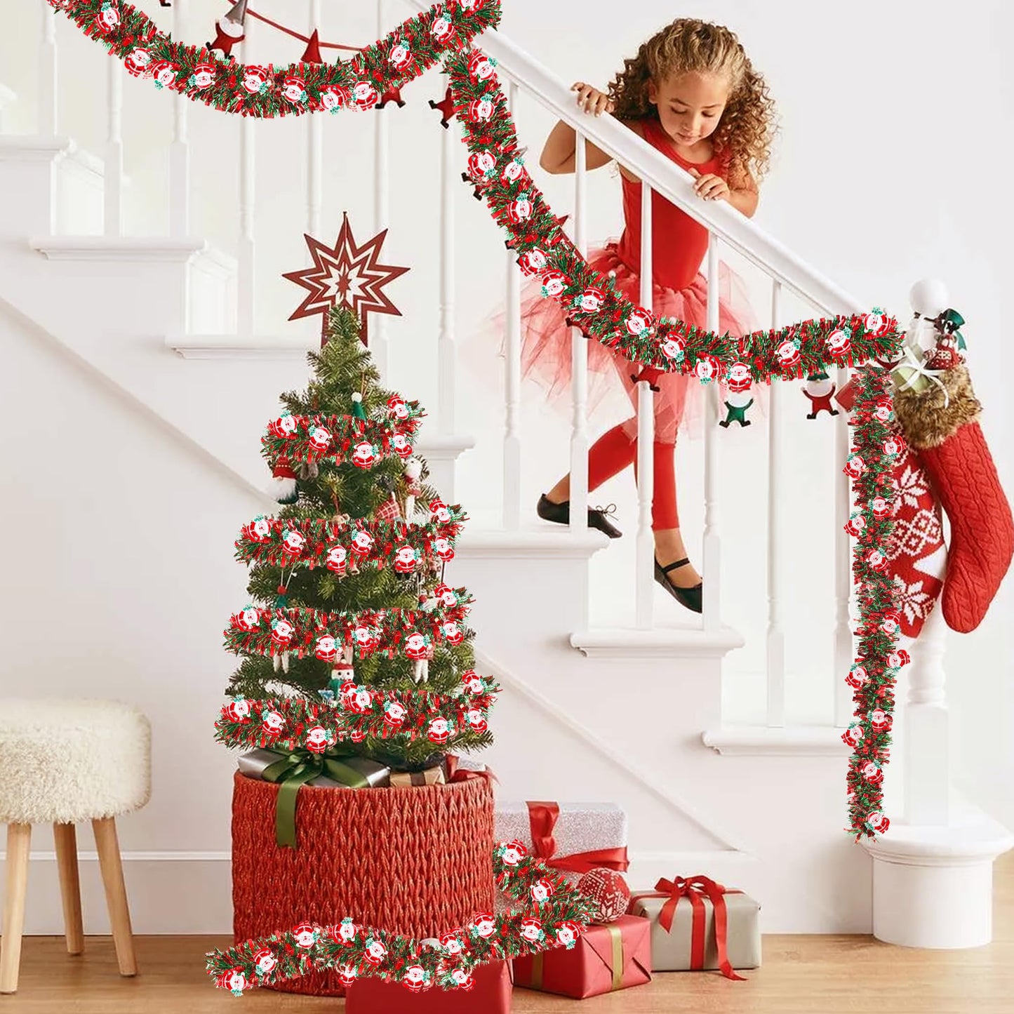 50FT Red Green Christmas Tinsel Garland with Santa Claus Ornaments, Metallic Twist Shiny Xmas Garland for Tree Decorations Fireplace Mantel Home Office Stair Party Outdoor Indoor Holiday Decor