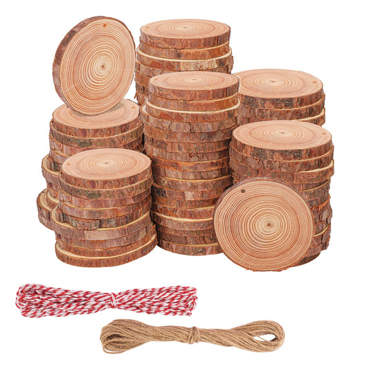 kukmakri 90 PCS Natural Wood Slices with Hole for Crafts, Diameter 3.54-3.94 Inch, Perfect Wood Slices Wooden Circles and Discs for Centerpieces, Decorations, and More(Include 2 Rope)