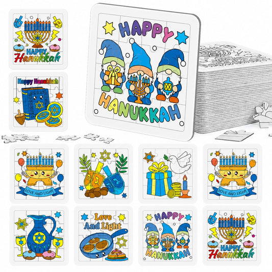 Cinrobiye 24 Sets Hanukkah Coloring Jigsaw Craft Kit for Kids, DIY Chanukah Activity Set with 8 Designs, Festival of Lights Party Favors, Winter Holiday Classroom Art Projects