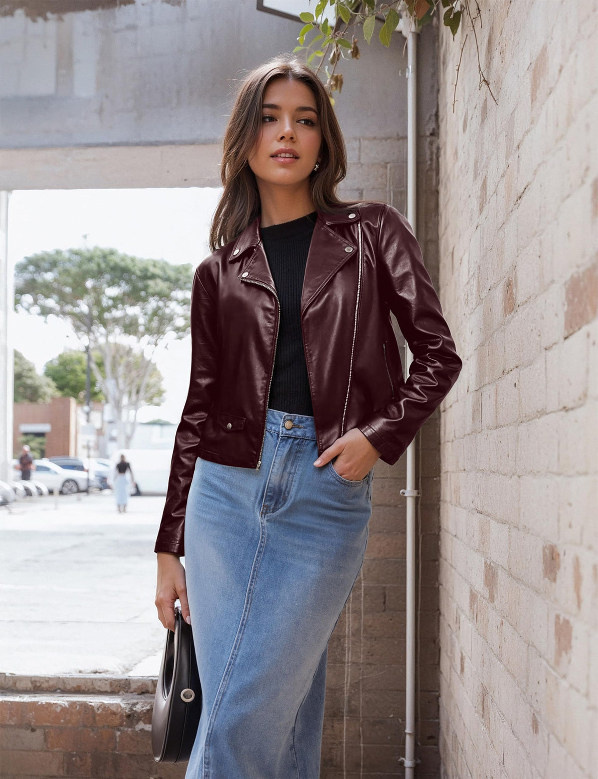 Olivia Miller Women's Faux Leather Moto Biker Jacket Long Sleeve Zip Jacket JK5208 BURGUNDY XL