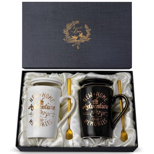 House Warming Gifts New Home - New Home Gift Ideas for Women Men Couple New Homeowners Neighbor Friend, Unique Housewarming Present with 14Oz Coffee Mugs, Spoons, Lids, Greeting Card, Elegant Boxed