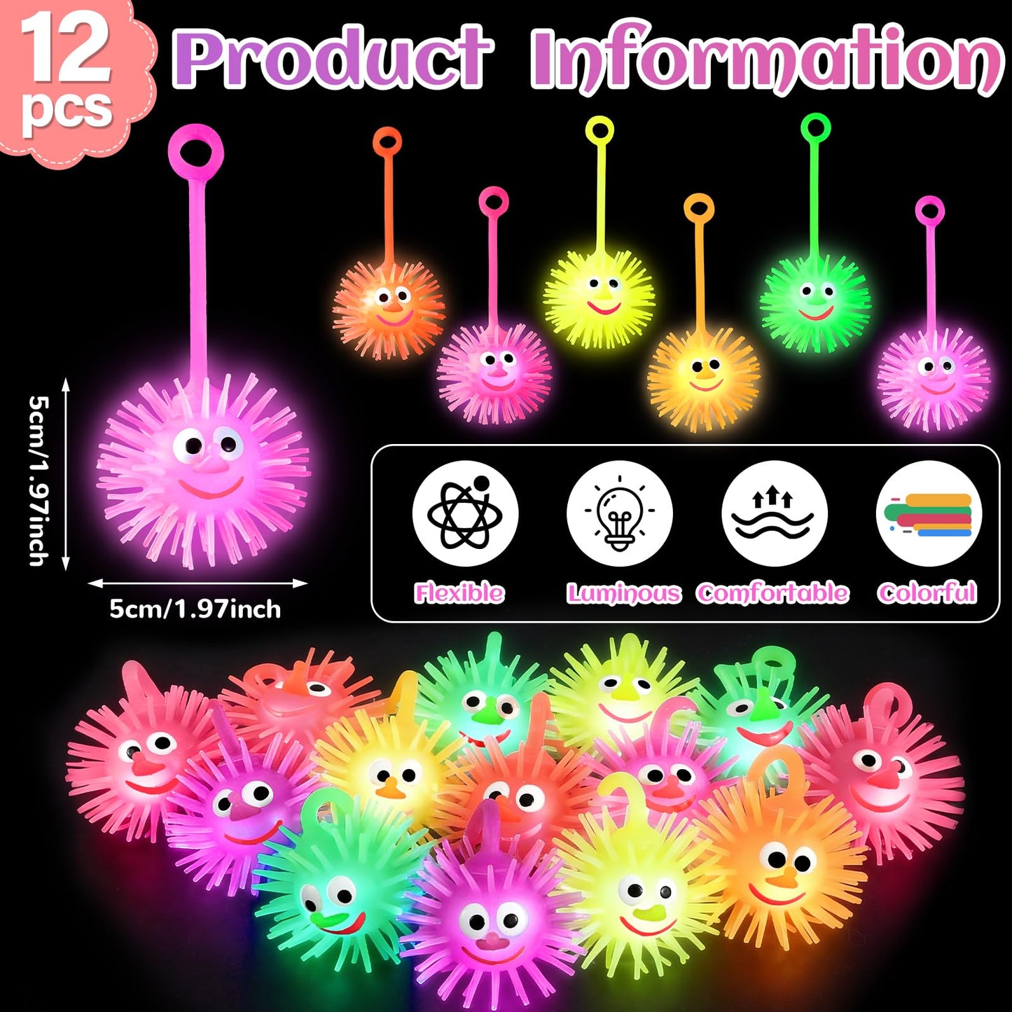 ClassyWhimsy 36PCS LED Puffer Balls Bouncy Light Up Ball for Kids 4-12 Toy Stress Ball Flashing Sensory Puffer Toy Glow in The Dark for Classroom Stuffer Sprizes Bulk Kid Pinata Fillers Party Supplies