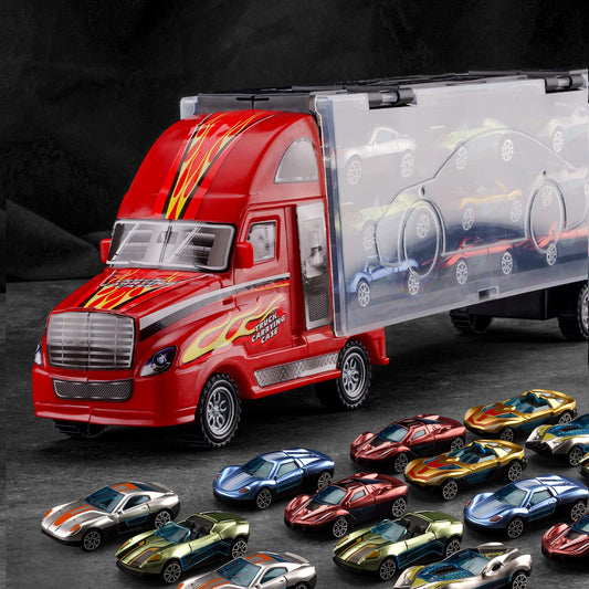 BoomCaCa Toy Truck Transport Car Carrier - 18 Sport Cars in Truck Toys, Toys for Boys and Girls Age 3-10 yrs Old, Ideal Party Christmas Birthday Gift for Kids