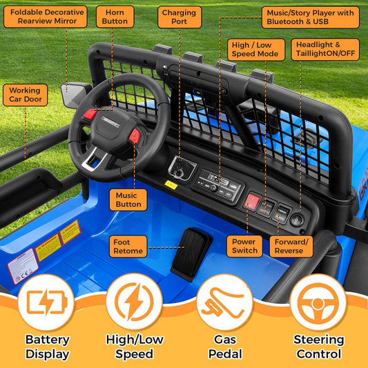 Hikole 24V 2 Seater Ride On Car for Kids with Remote Control, 4X4 400W XL Power Truck Wheels with 20" Wide Seat, Soft Start, 3 Speeds, Music, Bluetooth, 24 Volt Ride On Toys for Girls Boys 3-8, Blue