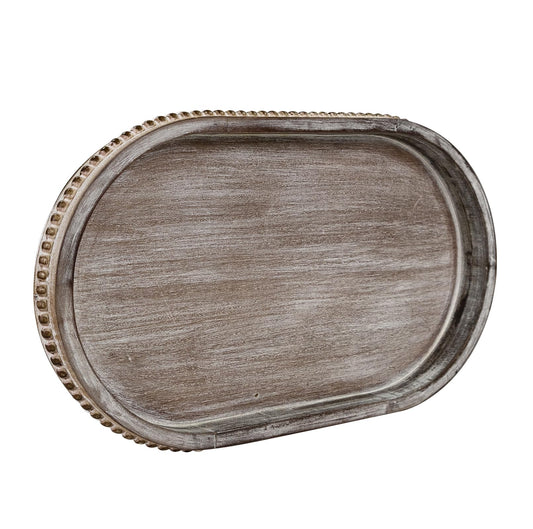 MAONAME Wood Serving Tray, Farmhouse Wooden Tray for Coffee Table, Oval Beaded Trays, Vintage Brown Decorative Trays for Living Room, Kitchen, 15" X 9" X 1.2"