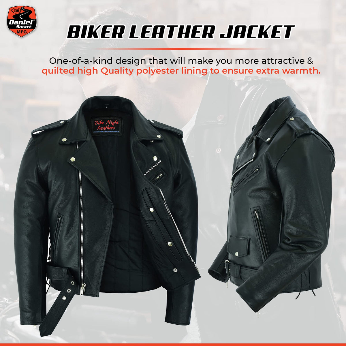 Daniel Smart Motorcycle Jacket for Men Genuine Black Leather Jacket with Polyester Thermal Lining Water Resistant Leather Jacket with Concealed Armory Pocket & Heavy Duty Zippers