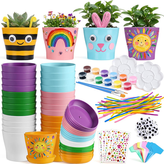 Ferrochef 24 Set Garden Plastic Paintable Flower Pot Craft Kit 4" Starter Pots DIY Painting Party Supplies Acrylic Paint Strips Gardening Kit for Planting Crafts Birthday Spring Gift (Round)