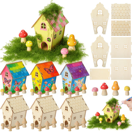 DoubleFill 6 Sets Wooden Fairy House Craft Kit for Kids - Classroom DIY Fairy Garden with Paints & Decorations - School Arts Crafts & Birthday Gift for Activity Party Decor (Classic Style)