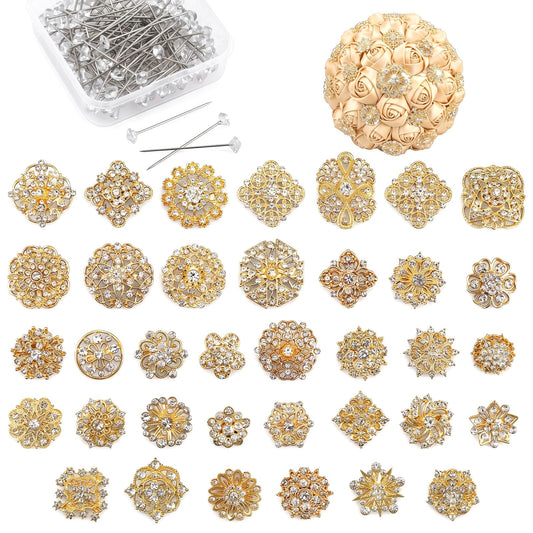 Gold Bouquet Pins Set, 36 PCS Rhinestone Flower Brooches & 100 PCS Crystal Stick Pins for Wedding Bouquet, Corsage, Boutonniere, DIY Craft Embellishments, Wedding Decor Supplies
