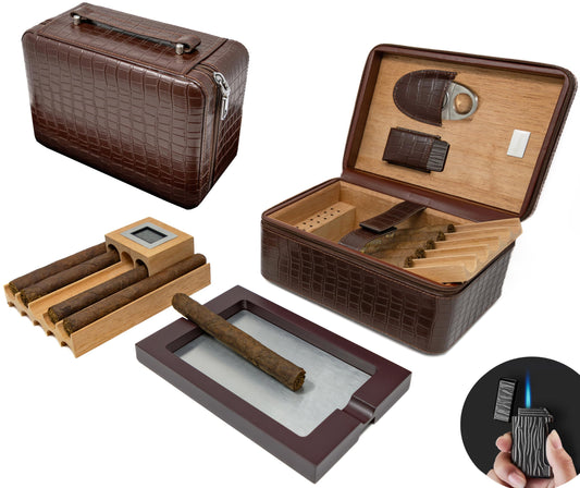 Prestige Import Group Manhattan XL Travel Cigar Humidor Case Set (Hygrometer, Ashtray, Cutter, Lighter, Humidifier) - Brown