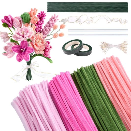Yinsun 400 Pcs Pipe Cleaners Craft Set, 4 Colors Pipe Cleaners Flowers Kit, Chenille Stems Bulk for DIY Handmade Bouquet, Creative Gift with Stems, Tapes, Stamens, Glue Sticks, Ribbons
