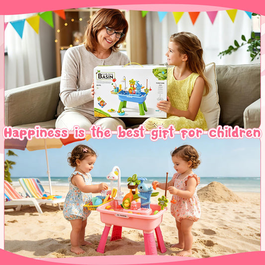 HUASHILUO Upgraded Water Table for Toddlers 1-3 with Electric Water Pump, Kids Water Table with Faucet, Play Food Accessories Fishing Toy, Kitchen Play Sink Toys for Girl Boy