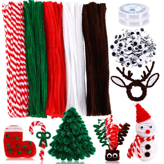 UPINS 550pcs Christmas Pipe Cleaners Set Including 5 Colors of Chenille Stems and Wiggle Googly Eyes for Christmas Party DIY Art Craft Supplies Decoration