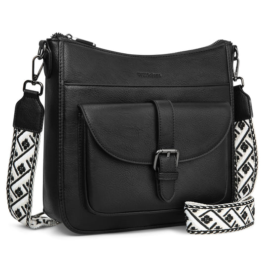 WILLSOLUNA Crossbody Bags for Women Leather Purses Medium Hobo Shoulder Handbags Anti Theft Travel Purse with Wide Strap(Black)