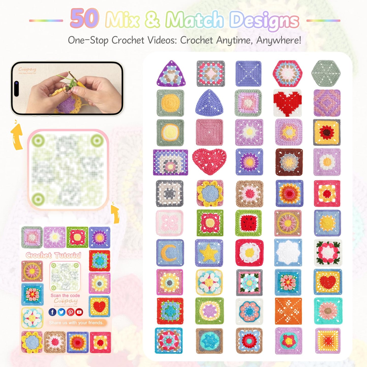 Coopay Crochet Kit for Beginners, Granny Square Crochet Kit with 2 Crochets Book & Video Card, Crochets Starter Kit for Adults Learn to Knitting, Granny Square Card Deck - 50 Mix & Match Designs