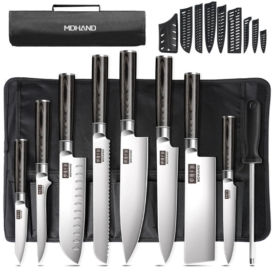 MDHAND Chef Knife Set with Roll Bag, 9PCS Professional Knife Sets with Sharpener, High Carbon Stainless Steel Japanese Kitchen Knives - Black Pakkawood Handle, Dishwasher Safe, For Cooking, Chef Gifts