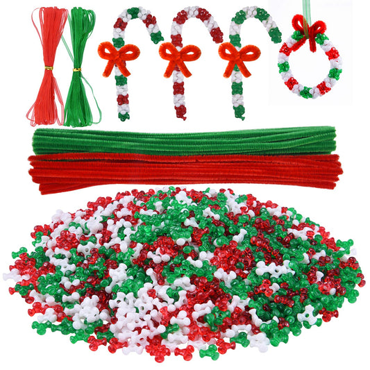 Livder Christmas Beads Wreath Cane Ornament Kit, 1500 Pieces Triangle Beads, 60 Pieces Chenille Stems, 64 Feet Ribbons for Xmas Craft House Tree Decorations