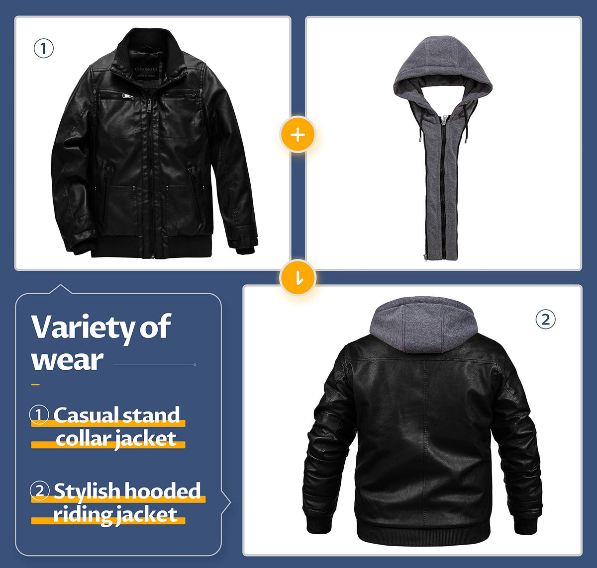 CREATMO US Men's Faux Leather Jacket Vintage Motorcycle Jacket Stand Collar Bomber Jacket Black M