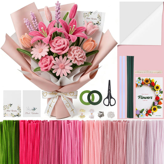 EARLY MINDS 800Pcs Pipe Cleaner Flower Kit with Tutorial, 8 Colors Pink Chenille Stems Craft Making Set with Floral Tape, Flower Stems, Gift Wrap & More, DIY Bouquet Handmade Gifts for Mother's Day