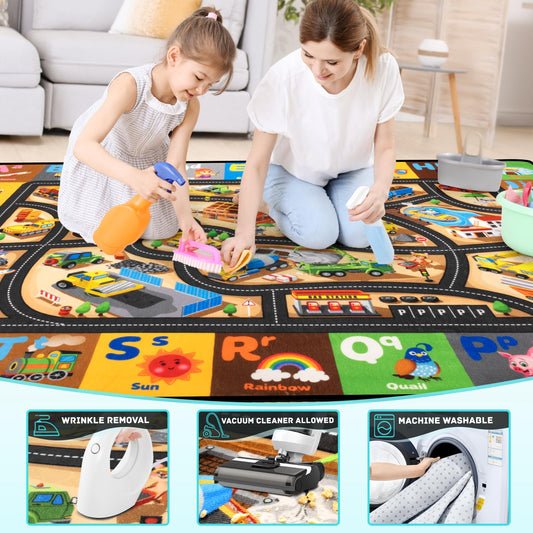 Diysani Construction Site Play Rug 6x9FT Car Rug for Kids Toy Cars Non-Slip Car Carpet Baby Play Mat for Floor Washable ABC Alphabet Playroom Nursery Preschool Daycare Classroom Carpet