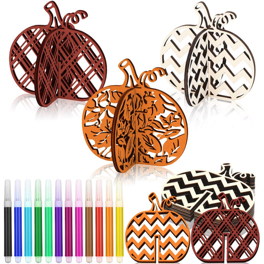 Huwena 36 Pcs Fall Crafts Set 24 Pumpkin Wood Cutouts for Thanksgiving Crafts 3D Unfinished Pumpkin Wooden Slices with 12 Colored Markers for Autumn Harvest DIY Table Tiered Tray Decor