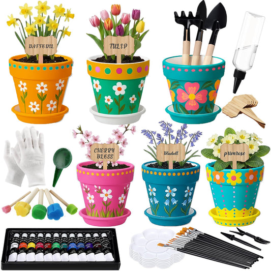 Ferrochef 6 Sets DIY Flower Pot Painting Kit 6 White Terracotta Flower Pots with Saucer Planting Gardening Tools 12 Color Acrylic Paints Set Plant Growing Crafts Spring Garden Gift