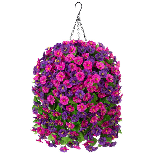Ammyoo Artificial Fake Hanging Flowers Basket for Spring Decor, Faux Silk Flower in Planter for Summer, Outdoor Artificial Floral for Home Porch Yard(Purple-red Deep Purple)