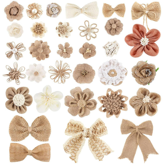 VGOODALL 32 PCS Natural Burlap Flowers Set, Burlap Bows and Scrapbook Embellishments for Wedding Party Decor Home, Embellishments for Crafts