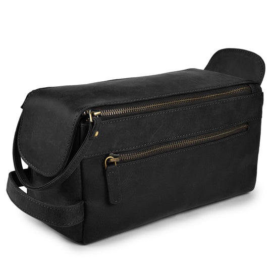 LEATHER VILLAGE Genuine Leather Travel Toiletry Bag - Water-Resistant Dopp Kit for Toiletries, Large Shaving Bag & Bathroom Organizer - Gift for Men & Women - Distressed Black