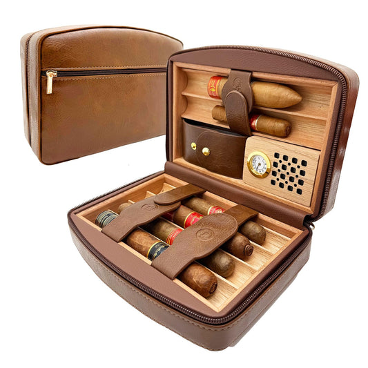 DGHOPE Cigar Humidor, Holds 6 Cigars (Max 7”/Ring 60), Spanish Cedar Lined, Hygrometer & Humidifier w/Dropper, 3-Pocket Storage, Gift (Brown)