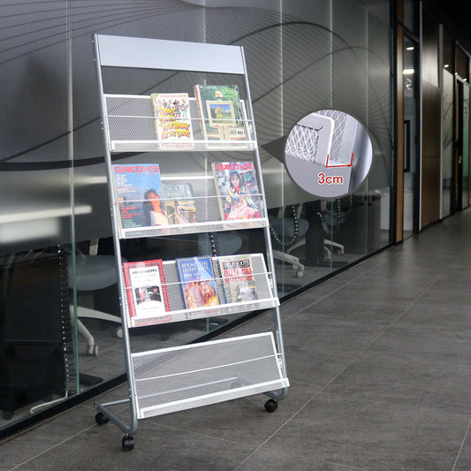Vmsiuory 4-Layer Iron Magazine Rack with Wheels, Newspaper Rack, Display Rack, Silver (63)