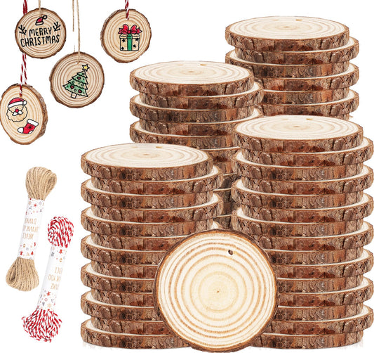 Timburst 60 Pcs Wood Slices, 1.7"-2.1" Pre-Drilled Holes Wood Discs for Crafts, 66 FET Twine String, Wooden Circles for Crafts Burning Painting DIY Crafts Christmas Wedding Party Wedding Decor Party