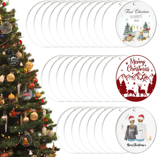 HOODO 30 Pieces Clear Acrylic Ornament Blanks 3 Inch Acrylic Circle Blanks with Hole Clear Glass Disc Ornaments for DIY Craft Project