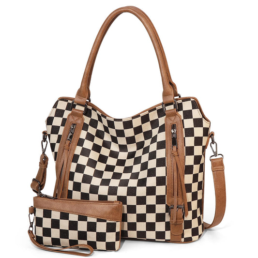 Duyijiff Checkered Tote Bag Large Checkered Purses for Women Plaid Hobo Shoulder Bag Multiple Pockets Tote Handbags (Brown)