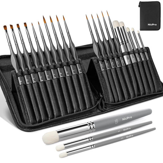 Nicpro Miniature Paint Brushes Dry Brush - 20PCS Model Paint Brush Set with Nylon Case for Acrylic, Oil, Watercolor, Detail Paint Brush Drybrush for Model, Miniature Painting, Paint by Numbers, Craft