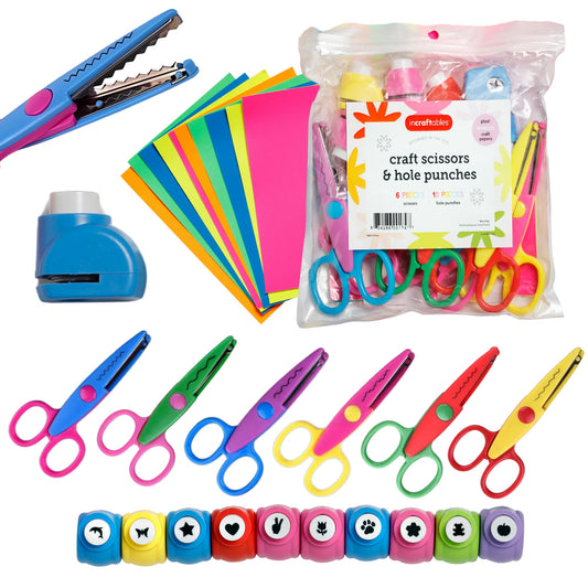 Incraftables Craft Scissors with Decorative Edge – 26 Piece Crafting Set - 6 Scissors with Fun Decorative Edges - 10 Paper Hole Punch Shapes & 10 Piece Colorful Craft Paper
